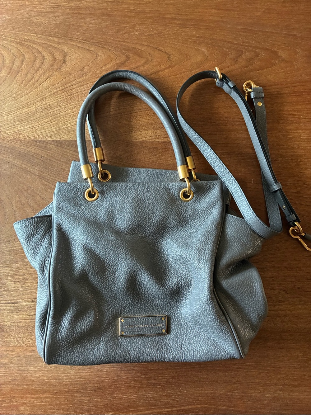 Marc Jacobs Leather Tote Shoulder Bag in Slate Gray with Gold Hardware